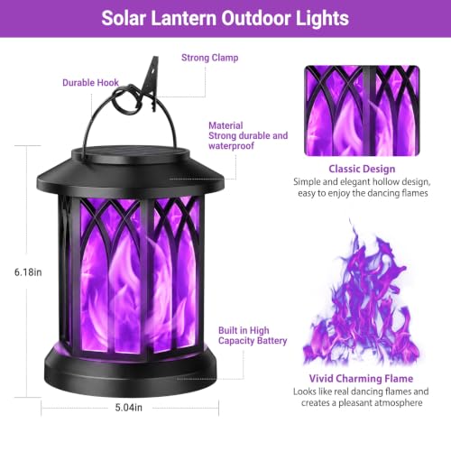 KOOPER 4 Pack Solar Lantern Outdoor Lights, Upgraded Flickering Flame Solar Lanterns Lights Outdoor Waterproof, Hanging Lantern Decorative, Solar Powered Lanterns for Yard Garden Decor (Purple Light)
