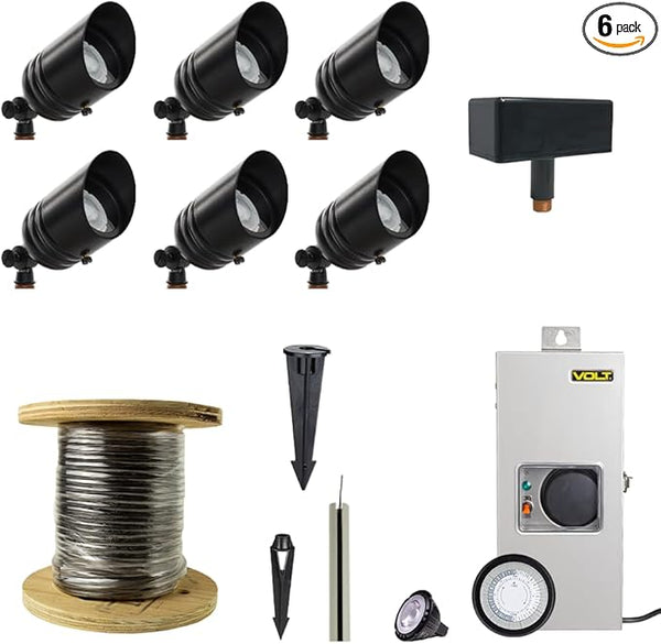 VOLT 12V Brass Fat Boy LED Outdoor Spotlight 6-Pack Kit (Black) with 150W Low Voltage Transformer for Landscape | Lumora