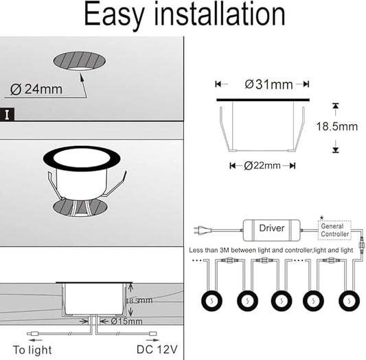 Sumaote 50pc LED Deck Lights Kit, Smart RGBW Φ1.22 Low Voltage Recessed Lighting IP67 Waterproof In-ground Landscape Lights for Steps, Wedge, Deck, Patio - Black Shell