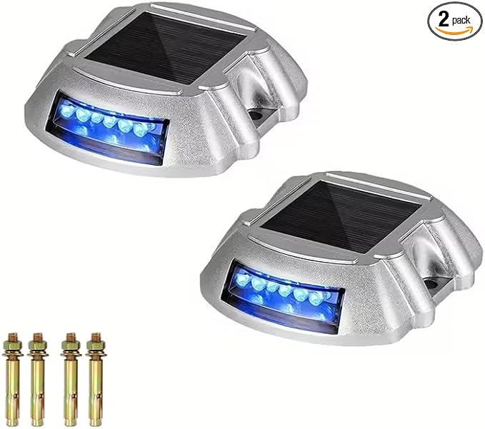 ikaufen Solar Driveway Lights, Solar Deck Lights Outdoor, Waterproof Dock Lights, Bright Blue/Green, 12 LED, with Screw, for Path Warning Garden Walkway Sidewalk Steps (2, Blue)