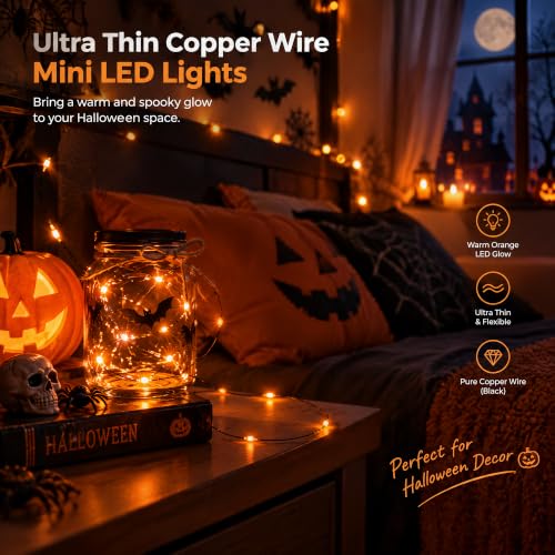 Dazzle Bright Halloween Fairy String Lights, Total 40FT 120LED Copper Wire Battery Operated Waterproof Lights, Halloween Decorations for Indoor Home Outdoor Garden Patio Yard Party Decor (Orange)