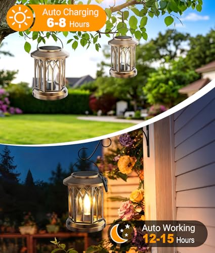 Solar Lantern Outdoor Lights with Metal Hooks, Upgraded Solar Lanterns