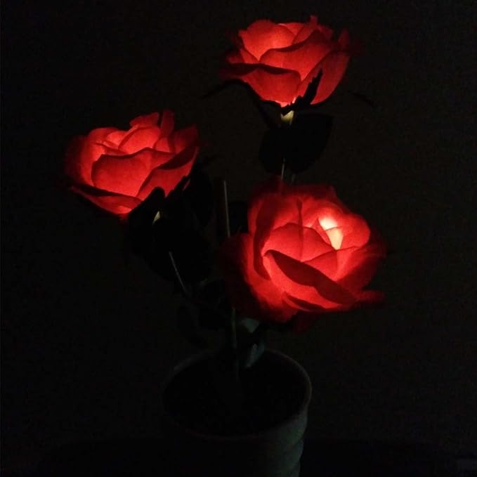 LED Solar Power Decorative Artificial Rose Flower Pot Plant Landscape Light Night Lamp Outdoor Garden Yard Pathway Lawn Grassland Red
