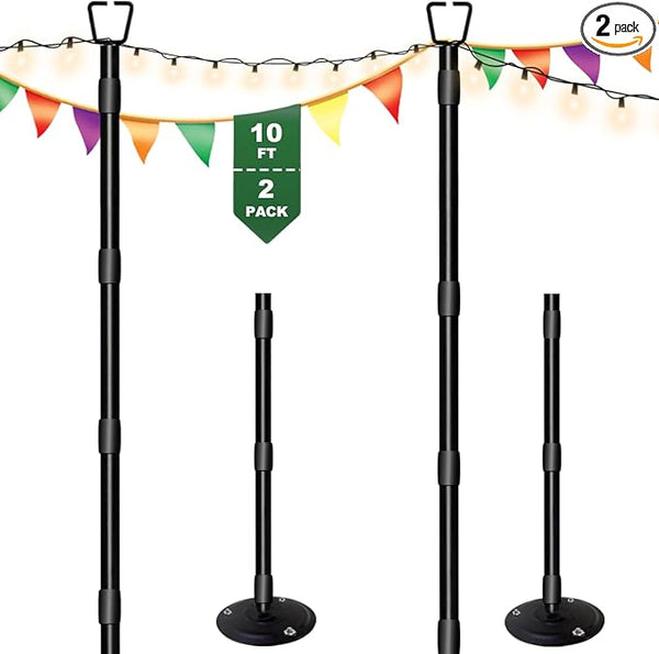 10Ft String Light Poles for Outside - 2 Pack Adjustable Metal Poles for Outdoor String Lights, Rustproof & Sturdy | Lumora
