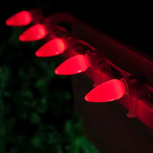 Wintergreen Lighting C9 OptiCore LED Commercial Outdoor Christmas Lights – Heavy Duty String Lights; Wedding Lights; White Wire (50 Lights, 50 Ft, Red Smooth/Opaque)