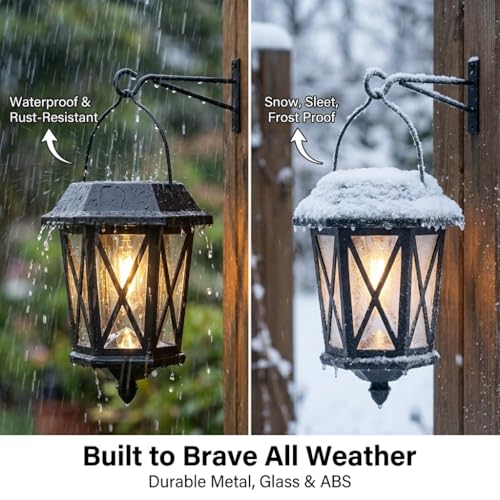 Solar Lanterns Outdoor Waterproof, Hanging Solar Lights with Glass Shade - 2 Pack LED Metal Wall Mount Outdoor Light for Yard/Garden/Patio - Black