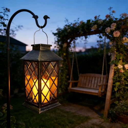 Solar Garden Lanterns Hanging Outdoor Lantern Waterproof LED Flickering Flameless Candle Mission Lights for Table,Outdoor,Mothers Day Gifts Mom Wife (2pack)