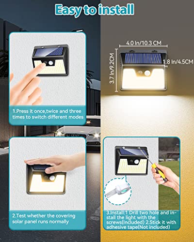 Solar Lights Outdoor 2 Pack, 140LED/3 Modes Motion Sensor Outdoor Lights Solar Powered, Wireless IP65 Waterproof Solar Lights Outside Bright for Deck Steps Fence Patio Front Door Pathway, Warm White