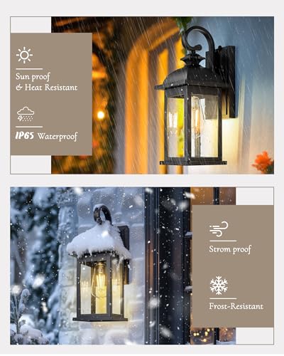 FEMILA Dusk to Dawn Outdoor Wall Sconce, 15" Matte Black Seeded Glass Outdoor Sconce Lights, Front Porch Light Fixtures Wall Mount, Garage Lights for Patio, Entryway, Garden, 4FD54B-PC BK