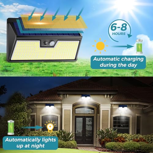 kolpop 318 LED Solar Outdoor Lights, IP65 Waterproof Motion Sensor Outdoor Lights 3 Modes Super Bright Security Flood Wall Lights for Garden, Fence, Front Door, Yard(2pack)