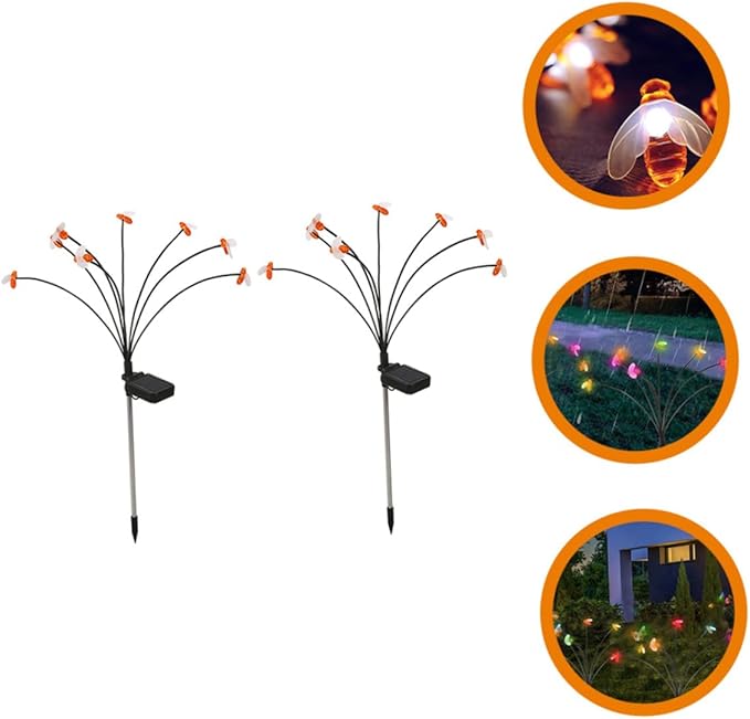 VALICLUD Solar Garden Lights Bee-Shaped 8-led Stake Solar Pathway Lights Swaying Outdoor Decorative for Patio Lawn Yard 2pcs