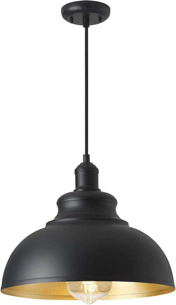 15 1/2in Large Dome Barn Pendant Light for Farmhouse, Black Ceiling Mounted Lighting with Brass Interior for | Lumora