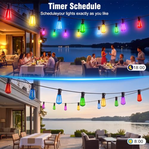 100FT Plug-in String Lights, Fixed 5-Color ST38 Bulbs, Bluetooth & Remote