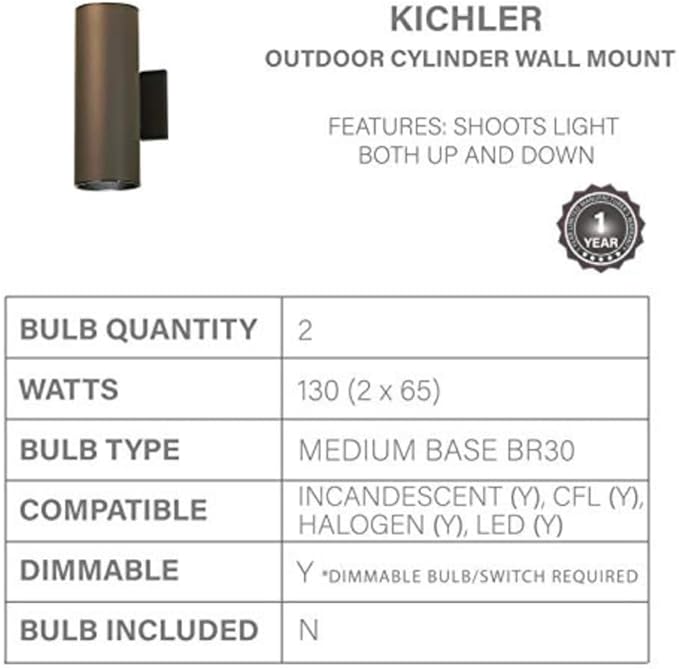 Kichler Cylinders 12" 2-Light Outdoor Cylinder Wall Sconce in Architectural Bronze, (12" H x 4.75" W), 9244AZ | Lumora