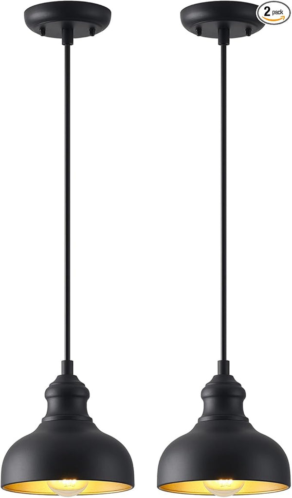 7in Dome Black Farmhouse Barn Pendant Light with Brass Interior, 2 Pack Outdoor Porch Hanging Lamp Small Industrial | Lumora