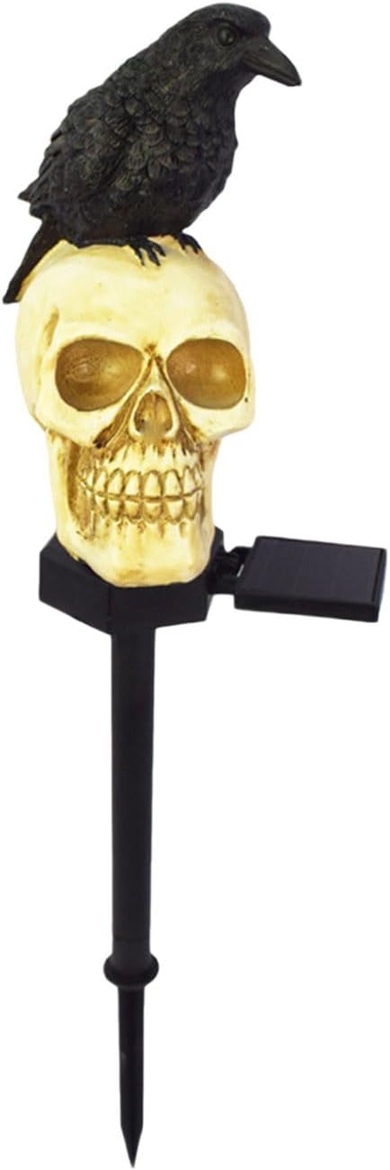 Halloween Skull Lights Crow on Skull Solar Pathway Lights Waterproof Scary Skeleton LED Outdoor Decorations, Realistic Resin Material for Patio Lawn Yard Garden Home Halloween Party (A)