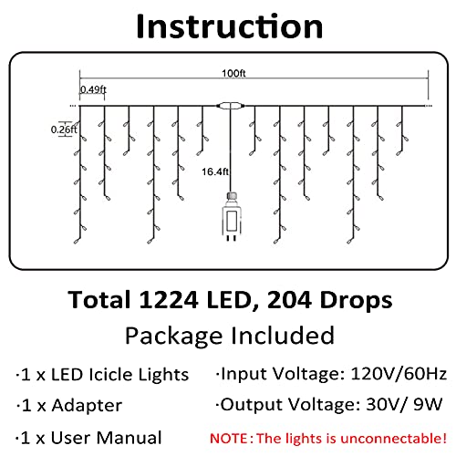 Toodour Christmas Icicle Lights Outdoor, 1224 LED 100ft 8 Modes Fairy Icicle String Light with 204 Drops, Led Christmas Lights Twinkle for Holiday, Party, Wedding, Eaves, Xmas Decorations (White)