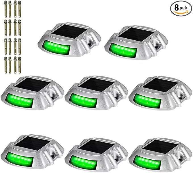 ikaufen Solar Driveway Lights, Solar Deck Lights Outdoor, Waterproof Dock Lights, Bright Blue/Green, 12 LED, with Screw, for Path Warning Garden Walkway Sidewalk Steps (8, Green)