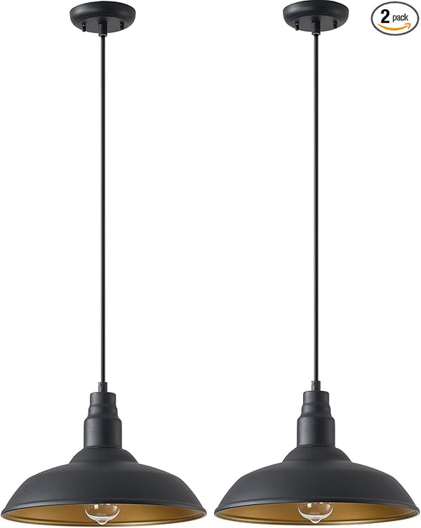 2 Pack Farmhouse Pendant Light for Kitchen, 14in Large Industrial Hanging Lights with Brass Interior, Indoor and | Lumora