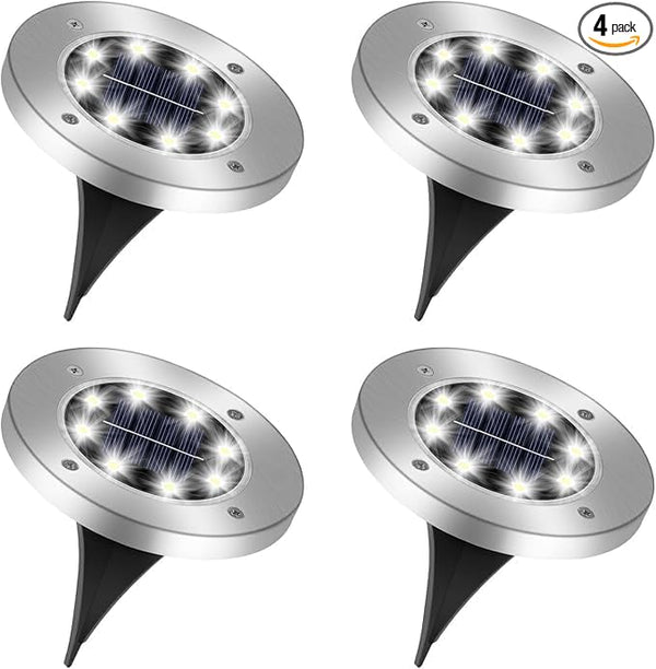 4 Pack Solar Deck Lights, 8 LEDs Solar Ground Lights Outdoor Garden, Bright White Light, IP65 Waterproof, Decking | Lumora