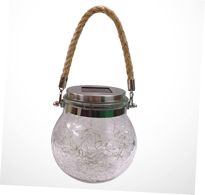 POPETPOP Solar Powered Crackle Glass Jar Lights Hanging Lamps for Outdoor Garden Lawn Patio Decor Unique Blue Light Design with Rope Handle