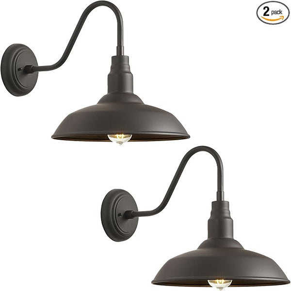 2 Pack Outdoor Barn Farmhouse Light with 14in Dome, Exterior Gooseneck Lights Fixture for House, Dark Bronze | Lumora