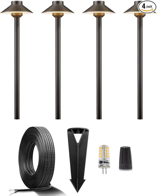 Gardenreet 12V Brass Landscape Path Lighting Kit (4 Pack Path Lights) with 100 Feet Cable and 20Pack Wire | Lumora