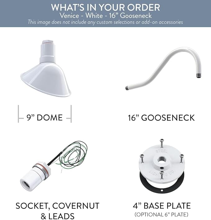Steel Lighting Co. Venice Store Sign Light | for Outdoor Restaurant Accent Wall | 9 inch Dome | 23 inch Gooseneck | Made in America | White Exterior/White Interior