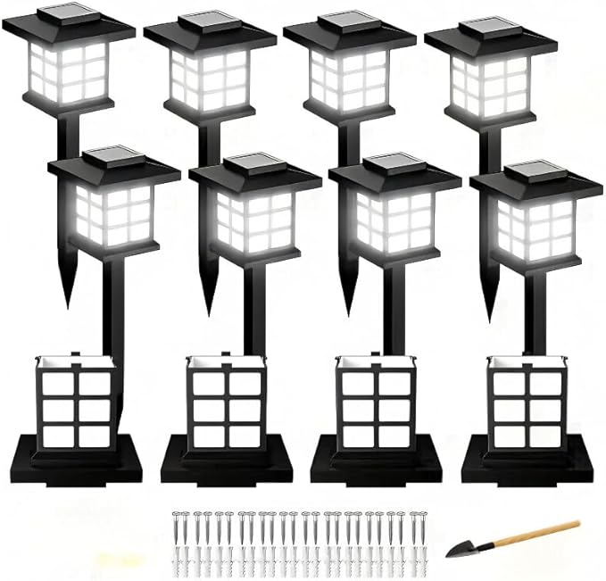 Solar Outdoor Path Lights, IP55Waterproof LED Landscape Garden Lights, Black Grid Design, 15.7 Inch Height, 700mA Battery (White Light, 12 Upgraded Models)