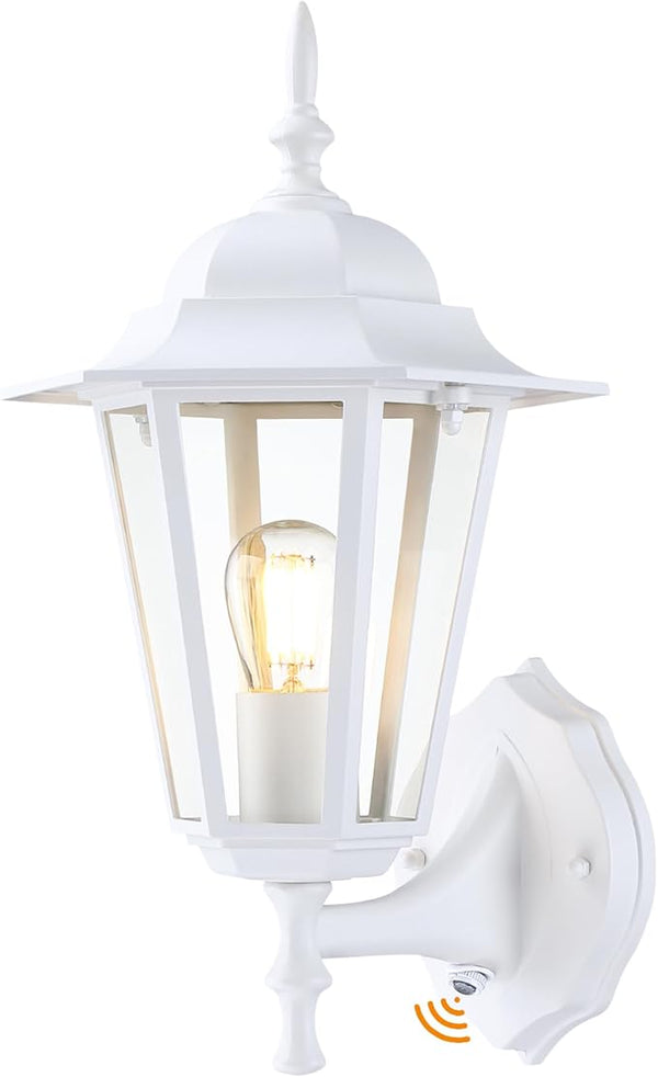 GRUENLICH Dusk to Dawn Outdoor Wall Sconce, Exterior Front Porch Lighting with Clear Glass, White Aluminum Outside | Lumora