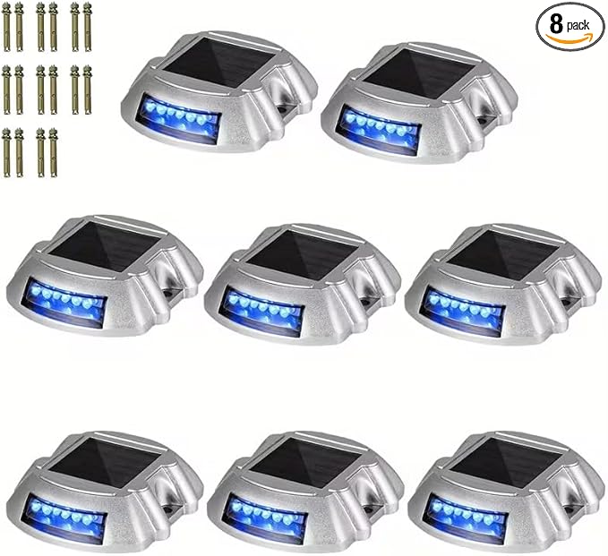 ikaufen Solar Driveway Lights, Solar Deck Lights Outdoor, Waterproof Dock Lights, Bright Blue/Green, 12 LED, with Screw, for Path Warning Garden Walkway Sidewalk Steps (8, Blue)