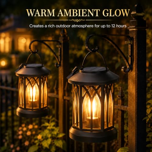 Solar Lanterns Outdoor Waterproof 2 Pack, Hanging Solar Lights with 2700K Warm LED Light, IP65 Solar Powered Lanterns with Clip, Auto On/Off Outdoor Lanterns for Garden Patio Yard Porch Decor