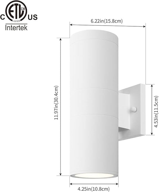 mirrea Modern Outdoor Porch Light Patio Light in 2 Lights with Aluminum Cylinder and Tempered Glass Cover Waterproof Wall Sconce 2 Pack (Matte White)