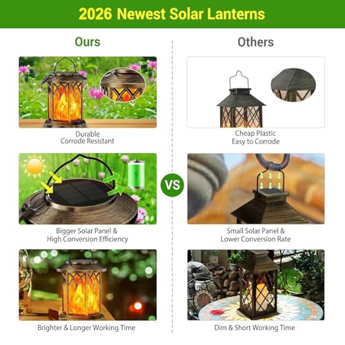 KOOPER 4 Pack Solar Lanterns Outdoor Waterproof, Upgraded Flickering Flame Solar Lantern Lights, Auto On/Off Lanterns Decorative Outdoor, Outdoor Hanging Lantern for Yard Garden Table Decor (Bronze )