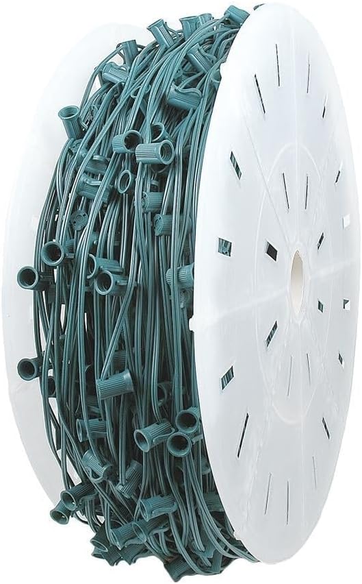 Novelty Lights 1,000 Feet C7/E12 Socketed Wire Spool, 12 Inch Spacing, Green Wire 10 Amp SPT-2 Commercial Grade | Lumora