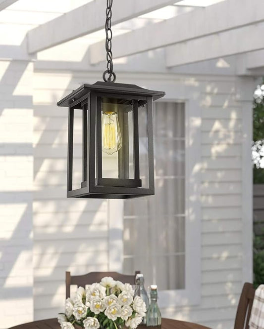 Beionxii Outdoor Pendant Light for Porch, Large Exterior Hanging Lantern Outside Chandelier Black Cast Aluminum w/Clear Glass (13.5" x 9") - A197H-1PK