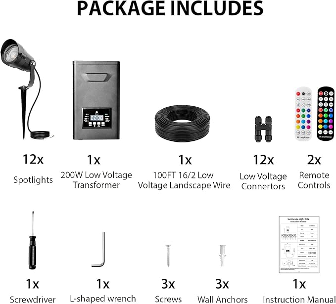 All-in-One RGBWW Low Voltage Landscape Lighting Kit, 12W LED Color Changing Landscape Lights with Remotes, Transformer and Wire, Outdoor Waterproof Spotlights for Yard Garden Festival Decor, 12-Pack