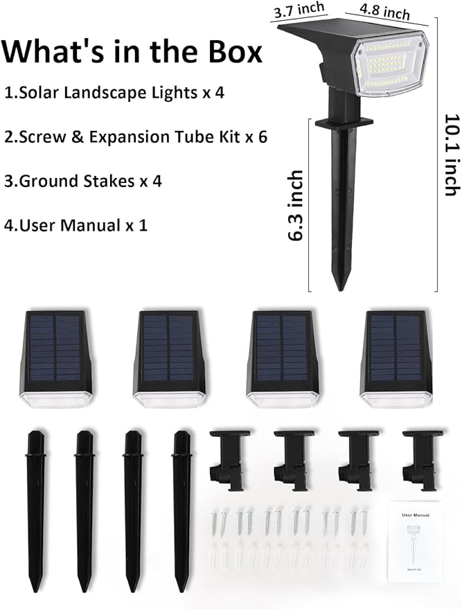 Solar Spot Lights Outdoor, 4 Pack Waterproof Solar Powered Garden Lights, 59 LED 4 Lighting Modes, 6500K White | Lumora