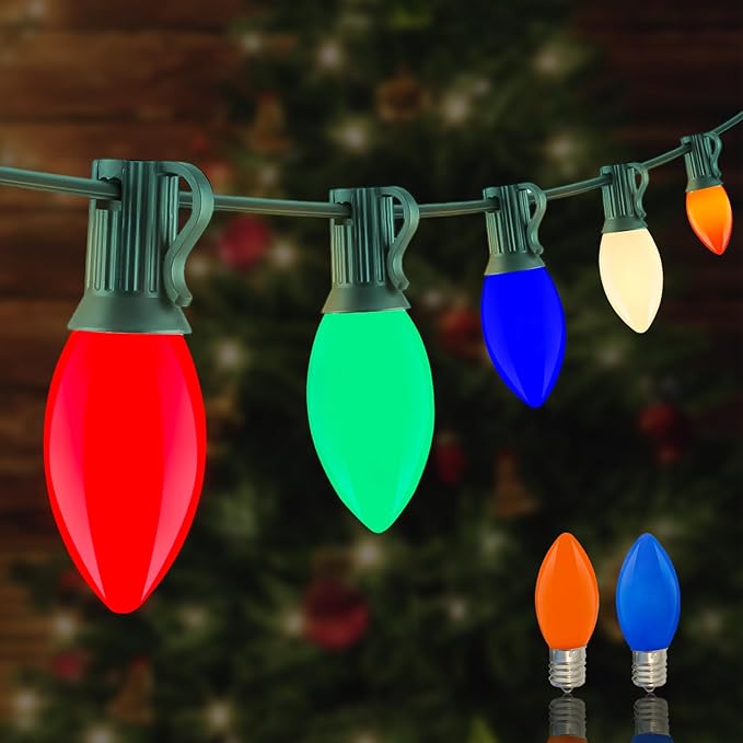 C9 LED Multicolor Christmas Light, 25FT Vintage Christmas Lights with 26 Ceramic LED Bulbs(1 Spare), Hanging Connectable Christmas Tree Roofline Lights for Patio Garden Holiday Home Christmas Decor