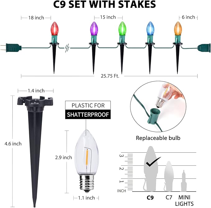 C9 Christmas String Lights Outdoor - 25.7 Feet 20 LED Christmas Pathway Lights with 20 Stakes Connectable | Lumora