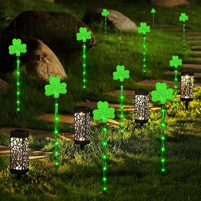 Solar Shamrocks Garden Stake Lights for St. Patrick's Day Decorations Outdoor, 8 Modes Green Lucky Clover Pathway Lights Waterproof St. Patrick's Lights for Yard Lawn Walkway Decor (6 Pack)