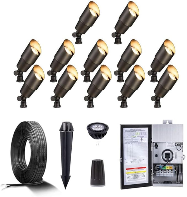 Gardenreet Solid Brass 12V LED Landscape Lighting Kit (12-Pack Spotlights) with 300W Low Voltage Transformer and | Lumora