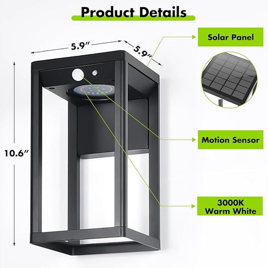 Solar Outdoor Wall Light with Motion Sensor - 600 Lumen Aluminum Solar Sconce Lights Outdoor, Dusk to Dawn Wall Lantern for Garage, Porch, Front Door. IP44 Waterproof, Black