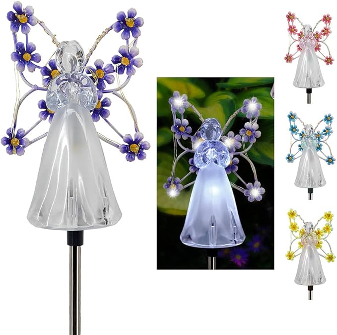 Angel Solar Lights, 2 Pack, LED Garden Outdoor Decoration, Blue, Stainless Steel and Plastic, 7 White LEDs, Waterproof IP44, Solar Powered