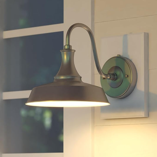 VAXCEL Dorado 9 in. H 1-Light Satin Silver and White Dusk to Dawn Sensor Farmhouse Outdoor Wall Sconce, Gooseneck Steel Shade, Dark Sky Compliant for Exterior Porch Patio Front Door or Garage