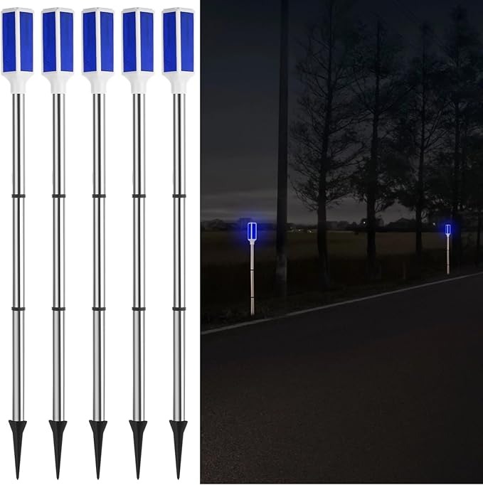Joyibay 5 PCS Solar Powered Driveway Markers, Solar Warming Landscape Lights, Solar Outdoor Driveway Lights, Landscape Driveway Reflectors on Poles for Snow Road Yard (Blue)