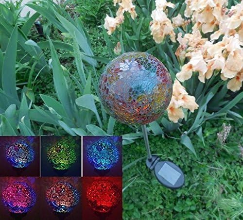 Solar Colorful Ball Globe Light (#Black05R), Solar Power Multi-Color Color Changing LED Mosaic Crackle Glass Decorative Garden Yard Lights Stake Lamp