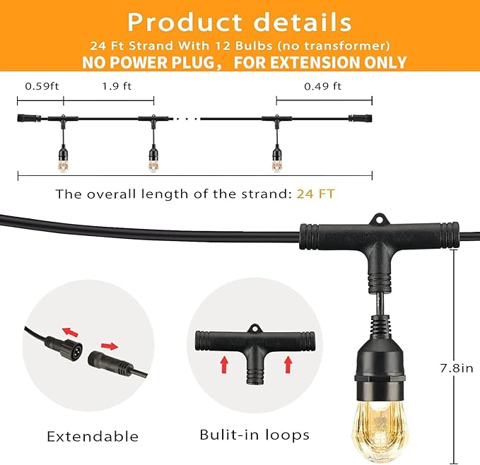 HVS Smart Outdoor String Lights (Without Power Plug ),LED 24Ft-12 Bulbs Tunable Dimmable Warm White Cafe Patio Lights,APP Control 2.4GHz WiFi Waterproof Acrylic Diamond Bulb Work with Alexa Google