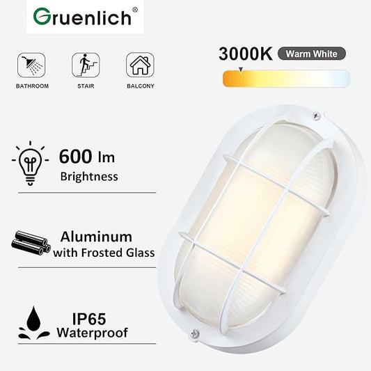 GRUENLICH 8.5'' Oval Outdoor Wall Lights, Dimmable LED Bulkhead Light, Sauna & Exterior Lighting, ETL Rated, 6W 600 Lumen, 3000K Warm White, White Cast Aluminum, Wall/Ceiling Mount, 1-Pack