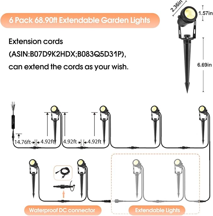 Low Voltage Landscape Lights 6 Pack, 69ft Cable Spotlight Outdoor with 12V Transformer, IP65 Waterproof Plug in Spot Lights 2700K Warm White for Yard, Plant, Lawn, Tree, Flags, Garden
